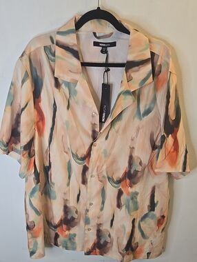 Nova Men Shirt Pastel Abstract Short-Sleeve Button Front Top - Peach/Teal